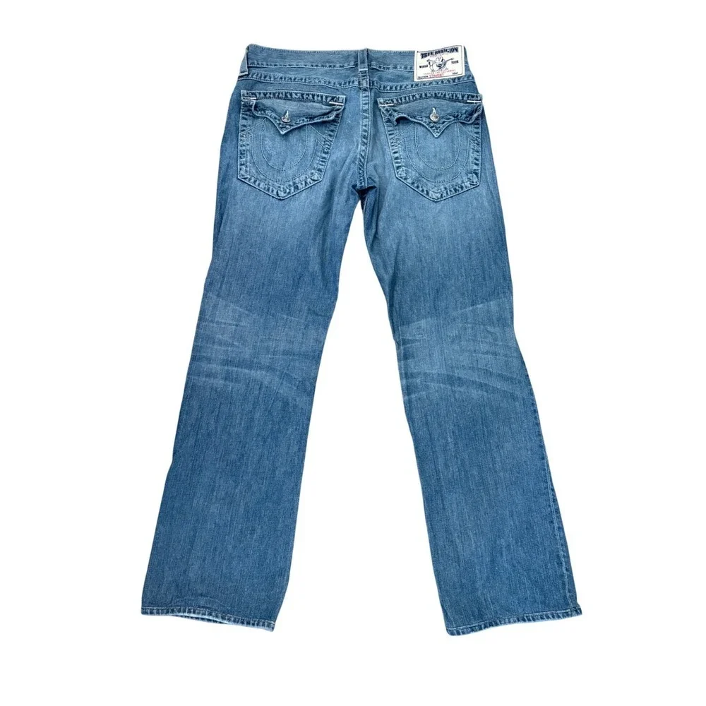True Religion Straight Leg Jeans Mens 34 Blue Distressed Denim Flap Pockets